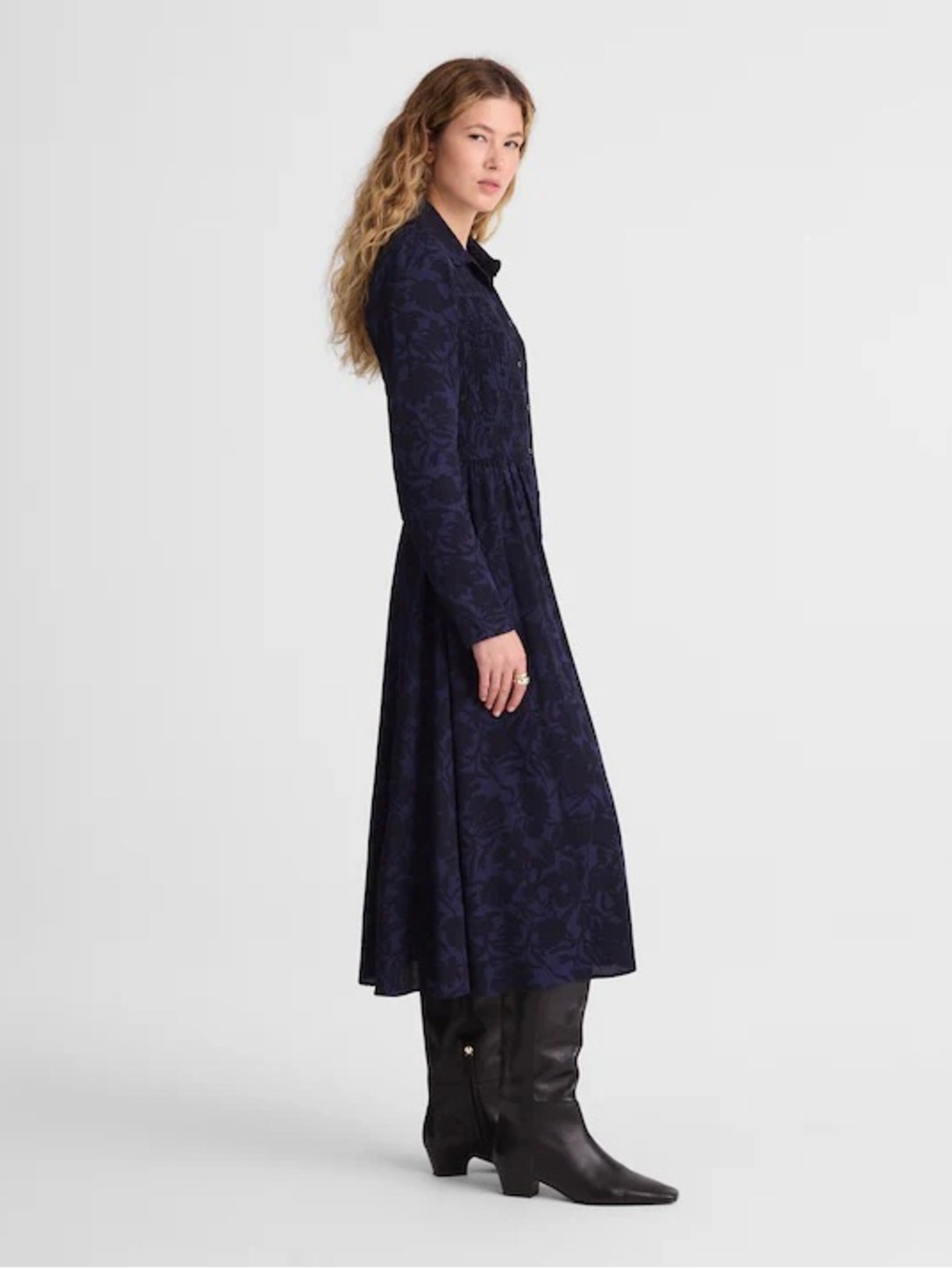 Madewell Smocked Midi Long Sleeve Shirtdress Alexis Dark Floral Navy sz 6 - Picture 4 of 13